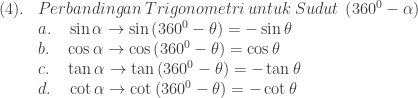 \begin{array}{llll}\\ &&(4).&Perbandingan\: Trigonometri\: untuk\: Sudut\: \left ( 360^{0}-\alpha \right )\\ &&&a.\quad \sin \alpha \rightarrow \sin \left ( 360^{0}-\theta \right )=-\sin \theta \\ &&&b.\quad \cos \alpha \rightarrow \cos \left ( 360^{0}-\theta \right )=\cos \theta \\ &&&c.\quad \tan \alpha \rightarrow \tan \left ( 360^{0}-\theta \right )=-\tan \theta \\ &&&d.\quad \cot \alpha \rightarrow \cot \left ( 360^{0}-\theta \right )=-\cot \theta \end{array}