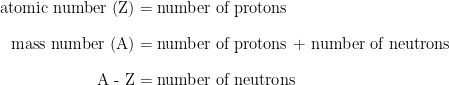 \begin{array}{r @ {{}={}} l} \text{atomic number (Z)} & \text{number of protons} \\[1em] \text{mass number (A)} & \text{number of protons + number of neutrons} \\[1em] \text{A - Z} & \text{number of neutrons} \end{array}