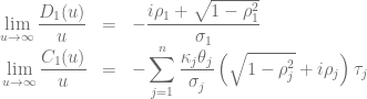 \begin{array}{rcl} \displaystyle \lim_{u\to\infty}\frac{D_1(u)}{u} &=& \displaystyle-\frac{i\rho_1 + \sqrt{1-\rho_1^2} }{\sigma_1} \nonumber \\ \displaystyle\lim_{u\to\infty}\frac{C_1(u)}{u} &=& \displaystyle -\sum_{j=1}^n \frac{\kappa_j\theta_j}{\sigma_j}\left(\sqrt{1-\rho_j^2} + i\rho_j\right)\tau_j\end{array}