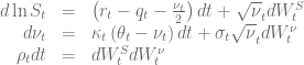 \begin{array}{rcl} d \ln S_t&=& \left(r_t - q_t - \frac{\nu_t}{2}\right)dt + \sqrt\nu_t dW^{S}_t \nonumber \\ d\nu_t&=& \kappa_t\left(\theta_t-\nu_t \right ) dt + \sigma_t\sqrt\nu_t dW^{\nu}_t \nonumber \\ \rho_t dt &=& dW^{S}_tdW^{\nu}_t \end{array}