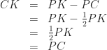 \begin{array}{rcl}CK&=&PK-PC\\    &=&PK-\frac{1}{2}PK\\    &=&\frac{1}{2}PK\\    &=&PC    \end{array}