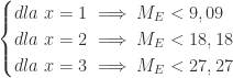 \begin{cases} dla \ x = 1 \implies M_{E} < 9,09 \\ dla \ x = 2 \implies M_{E} < 18,18 \\ dla \ x = 3 \implies M_{E} < 27,27 \end{cases} 