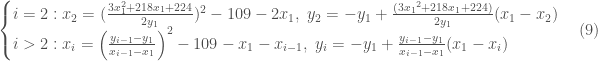 \begin{cases} i=2:x_2 = (\frac{3x_1^2+218x_1+224}{2y_1})^2-109-2x_1, \; y_2 = -y_1 + \frac{(3{x_1}^2+218x_1+224)}{2y_1}(x_1-x_2) \\ i>2: x_i = \left(\frac{y_{i-1}-y_1}{x_{i-1}-x_1}\right)^2-109-x_1-x_{i-1}, \; y_i= -y_1+\frac{y_{i-1}-y_1}{x_{i-1}-x_1}(x_1-x_i)\; \end{cases}(9)