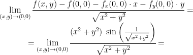 \begin{matrix}\displaystyle{\lim_{(x,y) \to (0,0)} \cfrac{f(x,y)-f(0,0)-f_x(0,0) \cdot x-f_y(0,0) \cdot y}{\sqrt{x^2+y^2}}=} \\ \displaystyle{=\lim_{(x,y) \to (0,0)} \cfrac{(x^2+y^2) \; \sin{ \left (\frac{1}{\sqrt{x^2+y^2}} \right )}}{\sqrt{x^2+y^2}}=} \end{matrix}