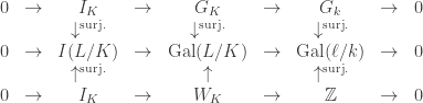 \begin{matrix} 0 & \to & I_K & \to & G_K & \to & G_k & \to & 0\\ & & \downarrow^{\text{surj.}} & & \downarrow^{\text{surj.}} & & \downarrow^{\text{surj.}} & &\\ 0 & \to & I(L/K) & \to & \mathrm{Gal}(L/K) & \to & \mathrm{Gal}(\ell/k) & \to & 0\\ & & \uparrow^{\text{surj.}} & & \uparrow & & \uparrow^{\text{surj.}} & & \\ 0 & \to & I_K & \to & W_K & \to & \mathbb{Z} & \to & 0 \end{matrix}