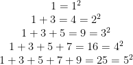 \begin{matrix} 1=1^2 \\ 1+3=4=2^2 \\ 1+3+5=9=3^2 \\ 1+3+5+7=16=4^2 \\ 1+3+5+7+9=25=5^2 \end{matrix}