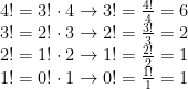 \begin{matrix} 4! = 3! \cdot 4 \rightarrow 3! = \frac{4!}{4} = 6 \\  3! = 2! \cdot 3 \rightarrow 2! = \frac{3!}{3} = 2 \\  2! = 1! \cdot 2 \rightarrow 1! = \frac{2!}{2} = 1 \\  1! = 0! \cdot 1 \rightarrow 0! = \frac{1!}{1} = 1 \end{matrix}
