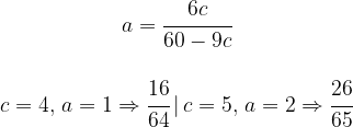 \begin{matrix} a=\cfrac{6c}{60-9c} \\ \\ c=4, \, a=1 \Rightarrow \cfrac{16}{64} \, | \, c=5, \, a=2 \Rightarrow \cfrac{26}{65} \end{matrix}