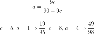 \begin{matrix} a=\cfrac{9c}{90-9c} \\ \\ c=5, \, a=1 \Rightarrow \cfrac{19}{95} \, | \, c=8, \, a=4 \Rightarrow \cfrac{49}{98} \end{matrix}