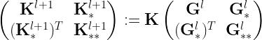 \begin{pmatrix} \mathbf K^{l+1} & \mathbf K_{*}^{l+1}\\ (\mathbf K_{*}^{l+1})^T & \mathbf K_{**}^{l+1} \end{pmatrix} := \mathbf K \begin{pmatrix} \mathbf G^{l} & \mathbf G_{*}^{l}\\ (\mathbf G_{*}^{l})^T & \mathbf G_{**}^{l} \end{pmatrix} 