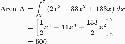 \boldsymbol{\begin{aligned}\textbf{Area A}&=\int^7_2{(2x^3-33x^2+133x)}\, dx \\ &=\left[\frac{1}{2}x^4-11x^3+\frac{133}{2}x^2\right]^7_2\\&=500\end{aligned}}