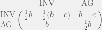 \bordermatrix{ ~ & \text{INV} & \text{AG} \cr  \text{INV} & \frac{1}{2}b + \frac{1}{2}(b - c) & b - c \cr  \text{AG} &	b & \frac{1}{2}b \cr  }  