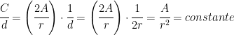 \cfrac{C}{d}=\left ( \cfrac{2A}{r} \right ) \cdot \cfrac{1}{d}=\left ( \cfrac{2A}{r} \right ) \cdot \cfrac{1}{2r}=\cfrac{A}{r^2}=constante