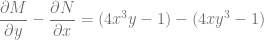 \dfrac{\partial M}{\partial y} -\dfrac{\partial N}{\partial x} = (4x^3y -1) -(4xy^3 -1)