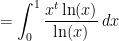 \displaystyle=\int^{1}_{0}\frac{x^t \ln(x)}{\ln(x)}\,dx