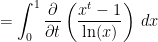 \displaystyle=\int^{1}_{0} \frac{\partial}{\partial t}\left(\frac{x^t - 1}{\ln(x)}\right)\,dx