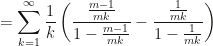 \displaystyle=\sum_{k=1}^\infty\frac1k\left(\frac{\frac{m-1}{mk}}{1-\frac{m-1}{mk}}-\frac{\frac1{mk}}{1-\frac1{mk}}\right)