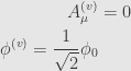 \displaystyle\begin{aligned}A_\mu^{(v)}&=0\\\phi^{(v)}=\frac{1}{\sqrt{2}}\phi_0\end{aligned}