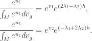 \displaystyle\begin{gathered} \frac{{{e^{{u_1}}}}}{{\int_M {{e^{{u_1}}}d{v_g}} }} = {e^{{v_1}}}{e^{(2{\lambda _1} - {\lambda _2})h}}, \hfill \\ \frac{{{e^{{u_1}}}}}{{\int_M {{e^{{u_1}}}d{v_g}} }} = {e^{{v_2}}}{e^{( - {\lambda _1} + 2{\lambda _2})h}}. \hfill \\ \end{gathered}