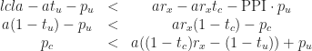 \displaystyle\begin{matrix}{lcl}a-at_u-p_u & < & ar_x-ar_xt_c-\text{PPI}\cdot p_u \\a(1-t_u)-p_u & < & ar_x(1-t_c)-p_c \\p_c & < & a((1-t_c)r_x-(1-t_u))+p_u\end{matrix}