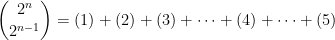 \displaystyle\binom{2^n}{2^{n-1}}=(1)+(2)+(3)+\cdots+(4)+\cdots+(5)