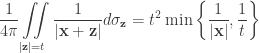 \displaystyle\frac{1}{{4\pi }}\iint\limits_{|{\mathbf{z}}| = t} {\frac{1}{{|{\mathbf{x}} + {\mathbf{z}}|}}d{\sigma _{\mathbf{z}}}} = {t^2}\min \left\{ {\frac{1}{{|{\mathbf{x}}|}},\frac{1}{t}} \right\}