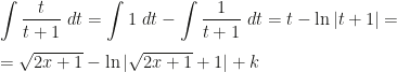 \displaystyle\int\frac{t}{t+1}~dt=\int 1~dt-\int\frac{1}{t+1}~dt=t-\ln |t+1|=\\\\=\sqrt{2x+1}-\ln|\sqrt{2x+1}+1|+k