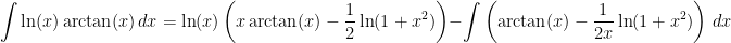 \displaystyle\int \ln(x)\arctan(x)\, dx=\ln(x)\left(x\arctan(x)-\frac{1}{2}\ln(1+x^{2})\right)-\displaystyle\int \left(\arctan(x)-\frac{1}{2x}\ln(1+x^{2})\right)\, dx