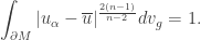 \displaystyle\int_{\partial M} {|{u_\alpha } - \overline u {|^{\frac{{2(n - 1)}}{{n - 2}}}}d{v_g}} = 1.