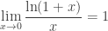 \displaystyle\lim_{x\rightarrow 0} \frac{\ln(1+x)}{x} = 1