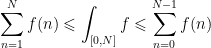 \displaystyle\sum_{n=1}^Nf(n)\leqslant\int_{[0, N]}f\leqslant\sum_{n=0}^{N-1}f(n)