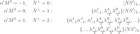 \displaystyle{\begin{aligned}  \alpha'M^2=-1,~~~&N^\perp = 0:~~~~~&|NS' \rangle_L, \\  \alpha'M^2=0,~~~&N^\perp = 1:~~~~~&\{ \bar \alpha_{-1}^I , \lambda_{\frac{-1}{2}}^A \lambda_{\frac{-1}{2}}^B \}|NS' \rangle_L, \\  \alpha'M^2=1,~~~&N^\perp = 2:~~~~~&\{ \bar \alpha_{-1}^I \bar \alpha_{-1}^J, \bar \alpha_{-1}^I \lambda_{\frac{-1}{2}}^A \lambda_{\frac{-1}{2}}^B, \lambda_{\frac{-3}{2}}^A \lambda_{\frac{-1}{2}}^B, ... \} \\ & & \{ ..., \lambda_{\frac{-1}{2}}^A \lambda_{\frac{-1}{2}}^B \lambda_{\frac{-1}{2}}^C \lambda_{\frac{-1}{2}}^D \} |NS' \rangle_L \\  \end{aligned}}
