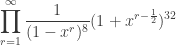 \displaystyle{\begin{aligned}  \prod_{r=1}^\infty   \frac{1}{(1 - x^r)^8}  (1 + x^{r-\frac{1}{2}})^{32} \\   \end{aligned}}