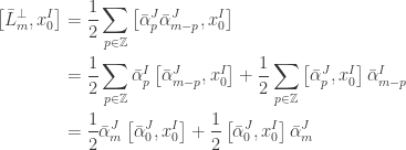\displaystyle{ \begin{aligned} \left[ \bar L_m^\perp, x_0^I \right] &= \frac{1}{2} \sum_{p \in \mathbb{Z}} \left[ \bar \alpha^J_p \bar \alpha^J_{m-p}, x_0^I \right] \\  &= \frac{1}{2} \sum_{p \in \mathbb{Z}} \bar \alpha^I_p \left[ \bar \alpha^J_{m-p}, x_0^I \right] + \frac{1}{2} \sum_{p \in \mathbb{Z}} \left[ \bar \alpha^J_p, x_0^I \right] \bar \alpha^I_{m-p} \\  &= \frac{1}{2} \bar \alpha^J_m \left[ \bar \alpha^J_{0}, x_0^I \right] + \frac{1}{2} \left[ \bar \alpha^J_0, x_0^I \right] \bar \alpha^J_{m} \\  \end{aligned} }