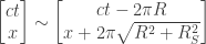 \displaystyle{  \begin{aligned}  \begin{bmatrix}   ct \\  x \\   \end{bmatrix}   &\sim   \begin{bmatrix}   ct - 2 \pi R \\   x + 2 \pi \sqrt{R^2 + R_S^2} \\   \end{bmatrix}   \end{aligned}  }