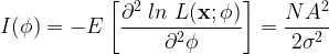 \displaystyle{ I(\phi) = -E \left[\frac{\partial^2 \; ln \; L(\mathbf{x;\phi})}{\partial^2 \phi} \right] = \frac{N A^2}{ 2 \sigma^2}} 