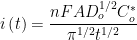 \displaystyle{i\left(t\right)=\frac{nFAD_{o}^{1/2}C_{o}^{*}}{\pi^{1/2}t^{1/2}}}