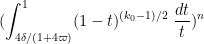 \displaystyle (\int_{4\delta/(1+4\varpi)}^1 (1-t)^{(k_0-1)/2}\ \frac{dt}{t})^n