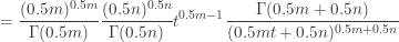 \displaystyle =\frac{(0.5m)^{0.5m}}{\Gamma(0.5m)} \frac{(0.5n)^{0.5n}}{\Gamma(0.5n)} t^{0.5m-1} \frac{\Gamma(0.5m+0.5n)}{(0.5mt+0.5n)^{0.5m+0.5n}}