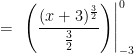 \displaystyle = \ \left. \left( \frac{(x+3)^{\frac{3}{2}}}{\frac{3}{2}} \right) \right|_{-3}^{0}