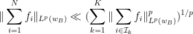 \displaystyle \| \sum_{i=1}^N f_i\|_{L^p(w_B)} \ll (\sum_{k=1}^K \| \sum_{i \in {\mathcal I}_k} f_i \|_{L^p(w_B)}^p)^{1/p} 