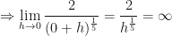 \displaystyle \Rightarrow \lim \limits_{h \to 0} \frac{2}{(0+h)^{\frac{1}{5}}}  = \frac{2}{h^{\frac{1}{5}}} = \infty 