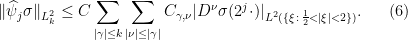 \displaystyle \Vert \widehat{\psi}_{j}\sigma\Vert_{L^2_k}\leq C\sum_{\vert\gamma\vert \leq k}\sum_{\vert \nu\vert\leq\vert \gamma\vert}C_{\gamma,\nu}\vert D^{\nu}\sigma(2^{j}\cdot)\vert_{L^2(\{\xi\,:\,\frac{1}{2}< \vert\xi\vert<2\})}. \ \ \ \ \ (6)