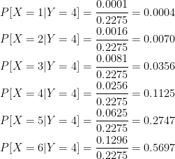\displaystyle \begin{aligned} &P[X=1 \lvert Y=4]=\frac{0.0001}{0.2275}=0.0004 \\&P[X=2 \lvert Y=4]=\frac{0.0016}{0.2275}=0.0070 \\&P[X=3 \lvert Y=4]=\frac{0.0081}{0.2275}=0.0356 \\&P[X=4 \lvert Y=4]=\frac{0.0256}{0.2275}=0.1125 \\&P[X=5 \lvert Y=4]=\frac{0.0625}{0.2275}=0.2747 \\&P[X=6 \lvert Y=4]=\frac{0.1296}{0.2275}=0.5697 \end{aligned}