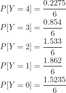 \displaystyle \begin{aligned} &P[Y=4]=\frac{0.2275}{6} \\&P[Y=3]=\frac{0.854}{6} \\&P[Y=2]=\frac{1.533}{6} \\&P[Y=1]=\frac{1.862}{6} \\&P[Y=0]=\frac{1.5235}{6} \end{aligned}