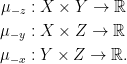 \displaystyle \begin{aligned} \mu_{-z} &: X \times Y \rightarrow \mathbb R \\ \mu_{-y} &: X \times Z \rightarrow \mathbb R \\ \mu_{-x} &: Y \times Z \rightarrow \mathbb R. \end{aligned} 