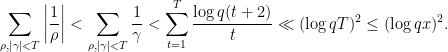 \displaystyle \begin{aligned} \sum_{\rho, \left\lvert \gamma \right\rvert < T} \left\lvert \frac{1}{\rho} \right\rvert < \sum_{\rho, \left\lvert \gamma \right\rvert < T} \frac{1}{\gamma} < \sum_{t=1}^T \frac{\log q(t+2)}{t} \ll (\log qT)^2 \le (\log qx)^2. \end{aligned} 