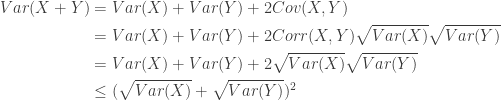 \displaystyle \begin{aligned} Var(X+Y)&=Var(X)+Var(Y)+2 Cov(X,Y) \\&=Var(X)+Var(Y)+2 Corr(X,Y) \sqrt{Var(X)} \sqrt{Var(Y)} \\&=Var(X)+Var(Y)+2 \sqrt{Var(X)} \sqrt{Var(Y)} \\&\le (\sqrt{Var(X)}+\sqrt{Var(Y)})^2  \end{aligned}