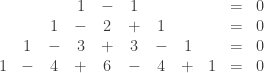 \displaystyle \begin{array}{ccccccccccc} &&&1&-&1&&&&=&0 \\ &&1&-&2&+&1&&&=&0 \\ &1&-&3&+&3&-&1&&=&0 \\ 1&-&4&+&6&-&4&+&1&=&0 \end{array}