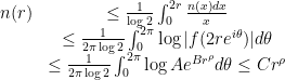 \displaystyle \begin{array}{rcl} n(r)&\leq\frac{1}{\log 2}\int_0^{2r}\frac{n(x)dx}{x}\\ & \leq \frac{1}{2\pi\log 2}\int_0^{2\pi}\log|f(2re^{i\theta})|d\theta\\ & \leq \frac{1}{2\pi\log 2}\int_0^{2\pi}\log Ae^{Br^\rho}d\theta\leq Cr^\rho \end{array} 